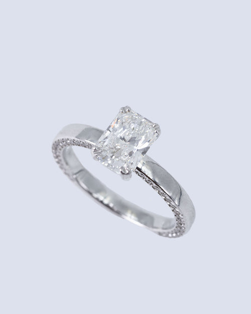 1.39 Ct Lab Grown Radiant Cut Solitaire Engagement Ring with Pavé Band in 14K White Gold