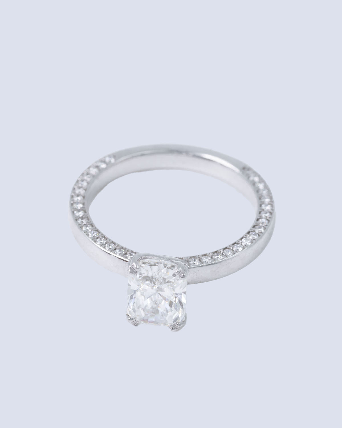 1.39 Ct Lab Grown Radiant Cut Solitaire Engagement Ring with Pavé Band in 14K White Gold