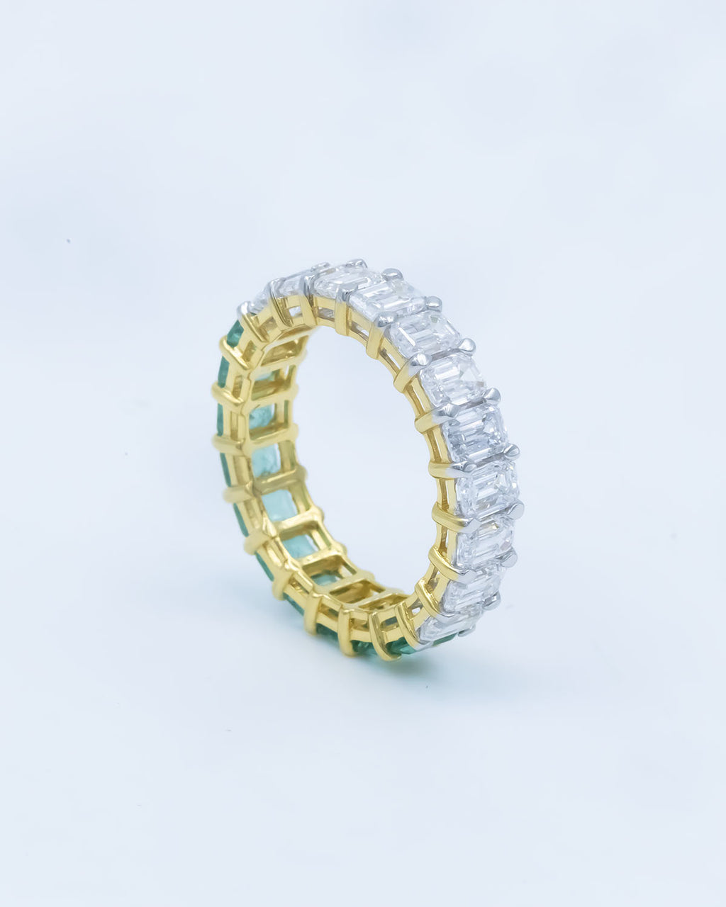 Lab Grown Diamond & Natural Emerald Emerald Cut Half & Half Full Eternity Band in 14K Yellow Gold