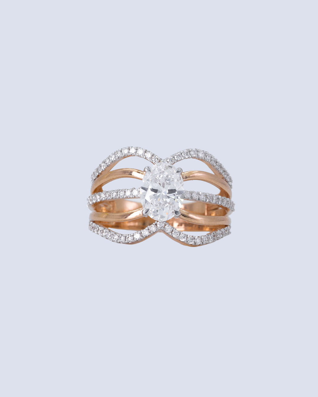 1.05 Ct Lab Grown Oval Diamond Solitaire Ring with Wave Multi-Strand Pavé Shank in 14K Two-Tone Gold