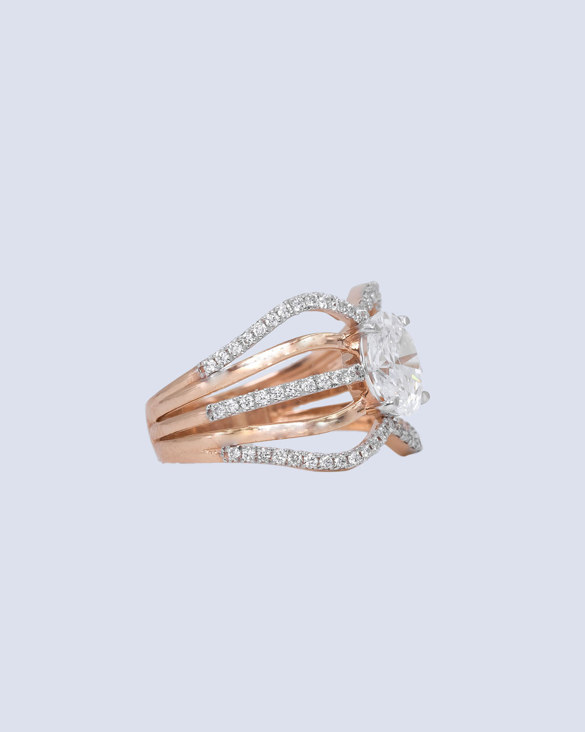 1.05 Ct Lab Grown Oval Diamond Solitaire Ring with Wave Multi-Strand Pavé Shank in 14K Two-Tone Gold