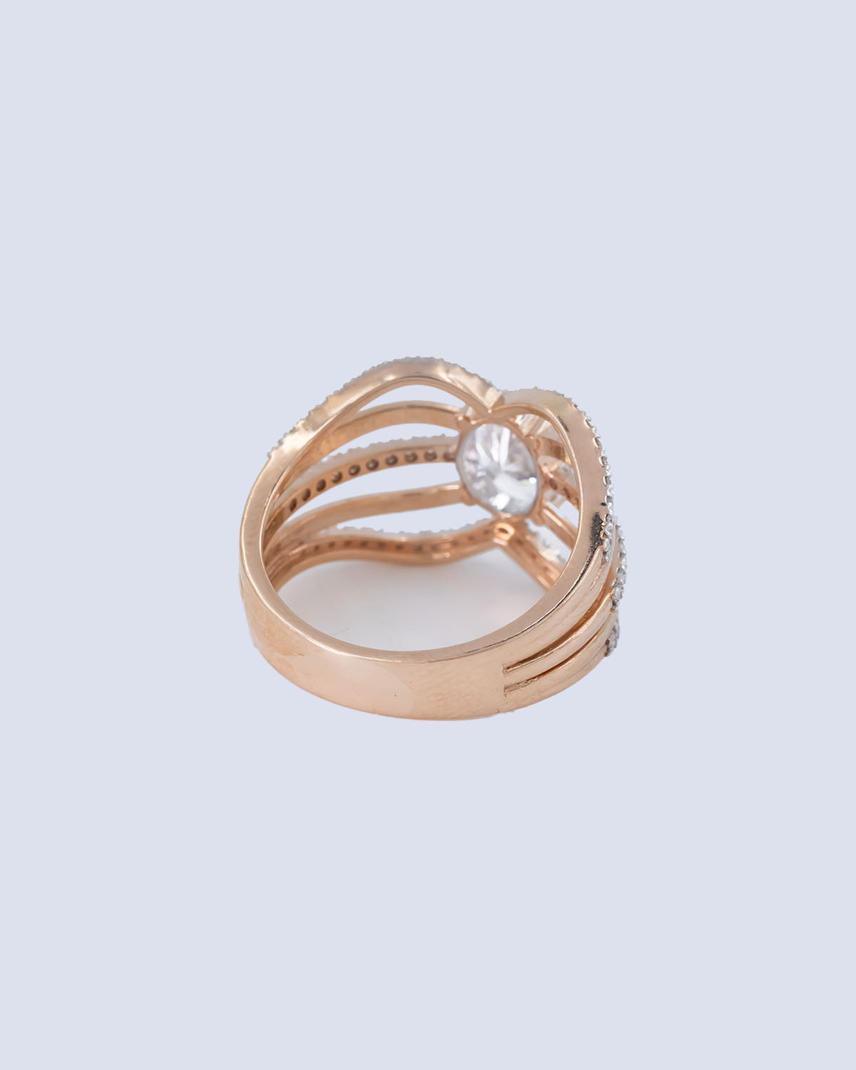 1.05 Ct Lab Grown Oval Diamond Solitaire Ring with Wave Multi-Strand Pavé Shank in 14K Two-Tone Gold